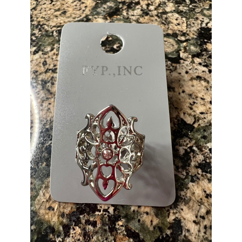 FYP Inc Silver Filigree Statement Ring Heart Cutout Rhinestone Size 9 RID6608-C1